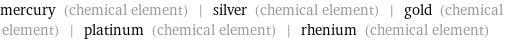 mercury (chemical element) | silver (chemical element) | gold (chemical element) | platinum (chemical element) | rhenium (chemical element)