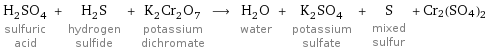 H_2SO_4 sulfuric acid + H_2S hydrogen sulfide + K_2Cr_2O_7 potassium dichromate ⟶ H_2O water + K_2SO_4 potassium sulfate + S mixed sulfur + Cr2(SO4)2