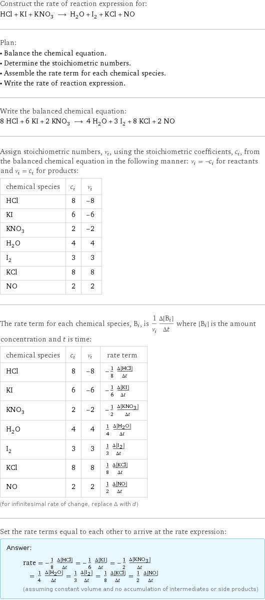 Construct the rate of reaction expression for: HCl + KI + KNO_3 ⟶ H_2O + I_2 + KCl + NO Plan: • Balance the chemical equation. • Determine the stoichiometric numbers. • Assemble the rate term for each chemical species. • Write the rate of reaction expression. Write the balanced chemical equation: 8 HCl + 6 KI + 2 KNO_3 ⟶ 4 H_2O + 3 I_2 + 8 KCl + 2 NO Assign stoichiometric numbers, ν_i, using the stoichiometric coefficients, c_i, from the balanced chemical equation in the following manner: ν_i = -c_i for reactants and ν_i = c_i for products: chemical species | c_i | ν_i HCl | 8 | -8 KI | 6 | -6 KNO_3 | 2 | -2 H_2O | 4 | 4 I_2 | 3 | 3 KCl | 8 | 8 NO | 2 | 2 The rate term for each chemical species, B_i, is 1/ν_i(Δ[B_i])/(Δt) where [B_i] is the amount concentration and t is time: chemical species | c_i | ν_i | rate term HCl | 8 | -8 | -1/8 (Δ[HCl])/(Δt) KI | 6 | -6 | -1/6 (Δ[KI])/(Δt) KNO_3 | 2 | -2 | -1/2 (Δ[KNO3])/(Δt) H_2O | 4 | 4 | 1/4 (Δ[H2O])/(Δt) I_2 | 3 | 3 | 1/3 (Δ[I2])/(Δt) KCl | 8 | 8 | 1/8 (Δ[KCl])/(Δt) NO | 2 | 2 | 1/2 (Δ[NO])/(Δt) (for infinitesimal rate of change, replace Δ with d) Set the rate terms equal to each other to arrive at the rate expression: Answer: |   | rate = -1/8 (Δ[HCl])/(Δt) = -1/6 (Δ[KI])/(Δt) = -1/2 (Δ[KNO3])/(Δt) = 1/4 (Δ[H2O])/(Δt) = 1/3 (Δ[I2])/(Δt) = 1/8 (Δ[KCl])/(Δt) = 1/2 (Δ[NO])/(Δt) (assuming constant volume and no accumulation of intermediates or side products)