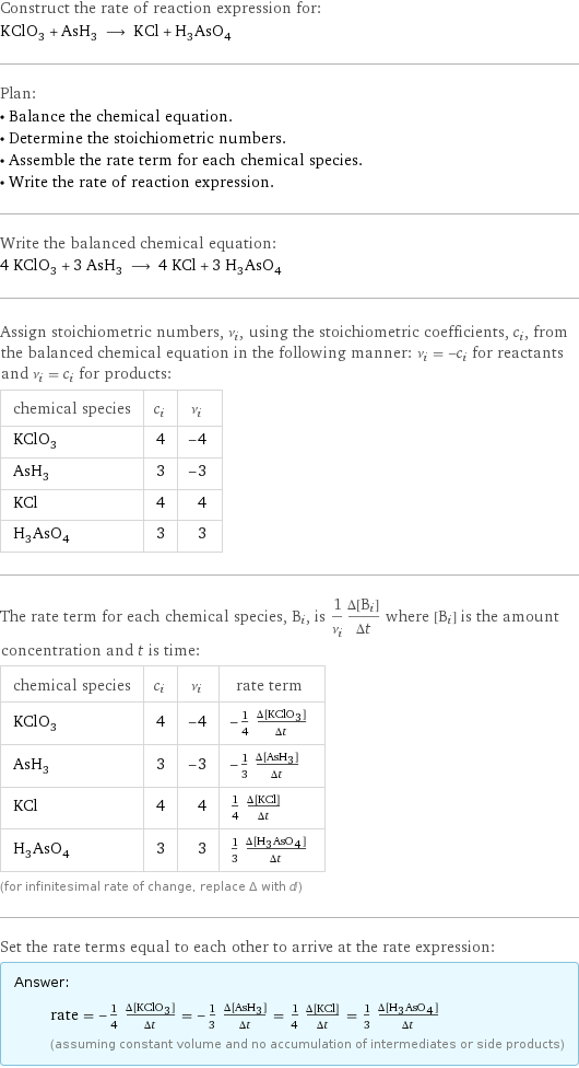 Construct the rate of reaction expression for: KClO_3 + AsH_3 ⟶ KCl + H_3AsO_4 Plan: • Balance the chemical equation. • Determine the stoichiometric numbers. • Assemble the rate term for each chemical species. • Write the rate of reaction expression. Write the balanced chemical equation: 4 KClO_3 + 3 AsH_3 ⟶ 4 KCl + 3 H_3AsO_4 Assign stoichiometric numbers, ν_i, using the stoichiometric coefficients, c_i, from the balanced chemical equation in the following manner: ν_i = -c_i for reactants and ν_i = c_i for products: chemical species | c_i | ν_i KClO_3 | 4 | -4 AsH_3 | 3 | -3 KCl | 4 | 4 H_3AsO_4 | 3 | 3 The rate term for each chemical species, B_i, is 1/ν_i(Δ[B_i])/(Δt) where [B_i] is the amount concentration and t is time: chemical species | c_i | ν_i | rate term KClO_3 | 4 | -4 | -1/4 (Δ[KClO3])/(Δt) AsH_3 | 3 | -3 | -1/3 (Δ[AsH3])/(Δt) KCl | 4 | 4 | 1/4 (Δ[KCl])/(Δt) H_3AsO_4 | 3 | 3 | 1/3 (Δ[H3AsO4])/(Δt) (for infinitesimal rate of change, replace Δ with d) Set the rate terms equal to each other to arrive at the rate expression: Answer: |   | rate = -1/4 (Δ[KClO3])/(Δt) = -1/3 (Δ[AsH3])/(Δt) = 1/4 (Δ[KCl])/(Δt) = 1/3 (Δ[H3AsO4])/(Δt) (assuming constant volume and no accumulation of intermediates or side products)