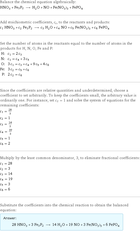 Balance the chemical equation algebraically: HNO_3 + Fe3P2 ⟶ H_2O + NO + Fe(NO_3)_3 + FePO_4 Add stoichiometric coefficients, c_i, to the reactants and products: c_1 HNO_3 + c_2 Fe3P2 ⟶ c_3 H_2O + c_4 NO + c_5 Fe(NO_3)_3 + c_6 FePO_4 Set the number of atoms in the reactants equal to the number of atoms in the products for H, N, O, Fe and P: H: | c_1 = 2 c_3 N: | c_1 = c_4 + 3 c_5 O: | 3 c_1 = c_3 + c_4 + 9 c_5 + 4 c_6 Fe: | 3 c_2 = c_5 + c_6 P: | 2 c_2 = c_6 Since the coefficients are relative quantities and underdetermined, choose a coefficient to set arbitrarily. To keep the coefficients small, the arbitrary value is ordinarily one. For instance, set c_2 = 1 and solve the system of equations for the remaining coefficients: c_1 = 28/3 c_2 = 1 c_3 = 14/3 c_4 = 19/3 c_5 = 1 c_6 = 2 Multiply by the least common denominator, 3, to eliminate fractional coefficients: c_1 = 28 c_2 = 3 c_3 = 14 c_4 = 19 c_5 = 3 c_6 = 6 Substitute the coefficients into the chemical reaction to obtain the balanced equation: Answer: |   | 28 HNO_3 + 3 Fe3P2 ⟶ 14 H_2O + 19 NO + 3 Fe(NO_3)_3 + 6 FePO_4