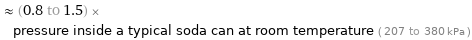  ≈ (0.8 to 1.5) × pressure inside a typical soda can at room temperature ( 207 to 380 kPa )