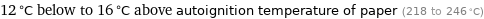 12 °C below to 16 °C above autoignition temperature of paper (218 to 246 °C)