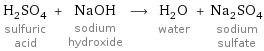 H_2SO_4 sulfuric acid + NaOH sodium hydroxide ⟶ H_2O water + Na_2SO_4 sodium sulfate