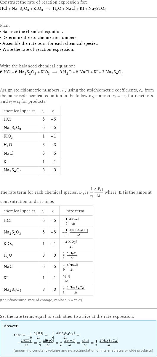 Construct the rate of reaction expression for: HCl + Na_2S_2O_3 + KIO_3 ⟶ H_2O + NaCl + KI + Na2S4O6 Plan: • Balance the chemical equation. • Determine the stoichiometric numbers. • Assemble the rate term for each chemical species. • Write the rate of reaction expression. Write the balanced chemical equation: 6 HCl + 6 Na_2S_2O_3 + KIO_3 ⟶ 3 H_2O + 6 NaCl + KI + 3 Na2S4O6 Assign stoichiometric numbers, ν_i, using the stoichiometric coefficients, c_i, from the balanced chemical equation in the following manner: ν_i = -c_i for reactants and ν_i = c_i for products: chemical species | c_i | ν_i HCl | 6 | -6 Na_2S_2O_3 | 6 | -6 KIO_3 | 1 | -1 H_2O | 3 | 3 NaCl | 6 | 6 KI | 1 | 1 Na2S4O6 | 3 | 3 The rate term for each chemical species, B_i, is 1/ν_i(Δ[B_i])/(Δt) where [B_i] is the amount concentration and t is time: chemical species | c_i | ν_i | rate term HCl | 6 | -6 | -1/6 (Δ[HCl])/(Δt) Na_2S_2O_3 | 6 | -6 | -1/6 (Δ[Na2S2O3])/(Δt) KIO_3 | 1 | -1 | -(Δ[KIO3])/(Δt) H_2O | 3 | 3 | 1/3 (Δ[H2O])/(Δt) NaCl | 6 | 6 | 1/6 (Δ[NaCl])/(Δt) KI | 1 | 1 | (Δ[KI])/(Δt) Na2S4O6 | 3 | 3 | 1/3 (Δ[Na2S4O6])/(Δt) (for infinitesimal rate of change, replace Δ with d) Set the rate terms equal to each other to arrive at the rate expression: Answer: |   | rate = -1/6 (Δ[HCl])/(Δt) = -1/6 (Δ[Na2S2O3])/(Δt) = -(Δ[KIO3])/(Δt) = 1/3 (Δ[H2O])/(Δt) = 1/6 (Δ[NaCl])/(Δt) = (Δ[KI])/(Δt) = 1/3 (Δ[Na2S4O6])/(Δt) (assuming constant volume and no accumulation of intermediates or side products)