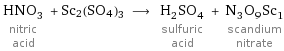 HNO_3 nitric acid + Sc2(SO4)3 ⟶ H_2SO_4 sulfuric acid + N_3O_9Sc_1 scandium nitrate