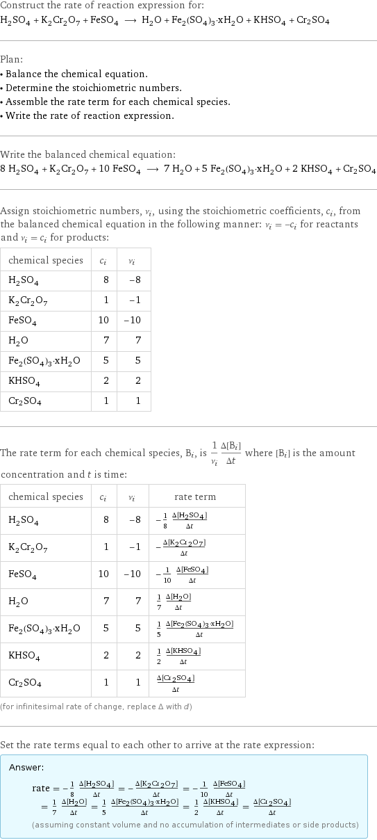 Construct the rate of reaction expression for: H_2SO_4 + K_2Cr_2O_7 + FeSO_4 ⟶ H_2O + Fe_2(SO_4)_3·xH_2O + KHSO_4 + Cr2SO4 Plan: • Balance the chemical equation. • Determine the stoichiometric numbers. • Assemble the rate term for each chemical species. • Write the rate of reaction expression. Write the balanced chemical equation: 8 H_2SO_4 + K_2Cr_2O_7 + 10 FeSO_4 ⟶ 7 H_2O + 5 Fe_2(SO_4)_3·xH_2O + 2 KHSO_4 + Cr2SO4 Assign stoichiometric numbers, ν_i, using the stoichiometric coefficients, c_i, from the balanced chemical equation in the following manner: ν_i = -c_i for reactants and ν_i = c_i for products: chemical species | c_i | ν_i H_2SO_4 | 8 | -8 K_2Cr_2O_7 | 1 | -1 FeSO_4 | 10 | -10 H_2O | 7 | 7 Fe_2(SO_4)_3·xH_2O | 5 | 5 KHSO_4 | 2 | 2 Cr2SO4 | 1 | 1 The rate term for each chemical species, B_i, is 1/ν_i(Δ[B_i])/(Δt) where [B_i] is the amount concentration and t is time: chemical species | c_i | ν_i | rate term H_2SO_4 | 8 | -8 | -1/8 (Δ[H2SO4])/(Δt) K_2Cr_2O_7 | 1 | -1 | -(Δ[K2Cr2O7])/(Δt) FeSO_4 | 10 | -10 | -1/10 (Δ[FeSO4])/(Δt) H_2O | 7 | 7 | 1/7 (Δ[H2O])/(Δt) Fe_2(SO_4)_3·xH_2O | 5 | 5 | 1/5 (Δ[Fe2(SO4)3·xH2O])/(Δt) KHSO_4 | 2 | 2 | 1/2 (Δ[KHSO4])/(Δt) Cr2SO4 | 1 | 1 | (Δ[Cr2SO4])/(Δt) (for infinitesimal rate of change, replace Δ with d) Set the rate terms equal to each other to arrive at the rate expression: Answer: |   | rate = -1/8 (Δ[H2SO4])/(Δt) = -(Δ[K2Cr2O7])/(Δt) = -1/10 (Δ[FeSO4])/(Δt) = 1/7 (Δ[H2O])/(Δt) = 1/5 (Δ[Fe2(SO4)3·xH2O])/(Δt) = 1/2 (Δ[KHSO4])/(Δt) = (Δ[Cr2SO4])/(Δt) (assuming constant volume and no accumulation of intermediates or side products)