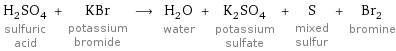 H_2SO_4 sulfuric acid + KBr potassium bromide ⟶ H_2O water + K_2SO_4 potassium sulfate + S mixed sulfur + Br_2 bromine