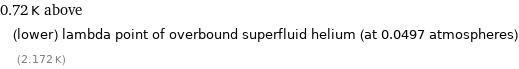 0.72 K above (lower) lambda point of overbound superfluid helium (at 0.0497 atmospheres) (2.172 K)