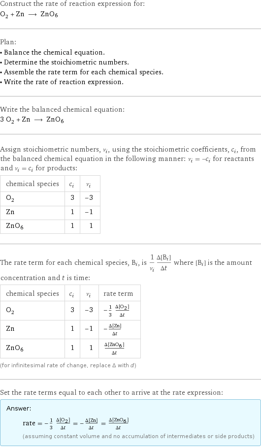 Construct the rate of reaction expression for: O_2 + Zn ⟶ ZnO6 Plan: • Balance the chemical equation. • Determine the stoichiometric numbers. • Assemble the rate term for each chemical species. • Write the rate of reaction expression. Write the balanced chemical equation: 3 O_2 + Zn ⟶ ZnO6 Assign stoichiometric numbers, ν_i, using the stoichiometric coefficients, c_i, from the balanced chemical equation in the following manner: ν_i = -c_i for reactants and ν_i = c_i for products: chemical species | c_i | ν_i O_2 | 3 | -3 Zn | 1 | -1 ZnO6 | 1 | 1 The rate term for each chemical species, B_i, is 1/ν_i(Δ[B_i])/(Δt) where [B_i] is the amount concentration and t is time: chemical species | c_i | ν_i | rate term O_2 | 3 | -3 | -1/3 (Δ[O2])/(Δt) Zn | 1 | -1 | -(Δ[Zn])/(Δt) ZnO6 | 1 | 1 | (Δ[ZnO6])/(Δt) (for infinitesimal rate of change, replace Δ with d) Set the rate terms equal to each other to arrive at the rate expression: Answer: |   | rate = -1/3 (Δ[O2])/(Δt) = -(Δ[Zn])/(Δt) = (Δ[ZnO6])/(Δt) (assuming constant volume and no accumulation of intermediates or side products)