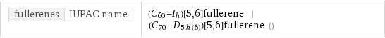 fullerenes | IUPAC name | (\!\(\*SubscriptBox[\(C\), \(60\)]\)-\!\(\*SubscriptBox[\(I\), \(h\)]\))[5, 6]fullerene | (\!\(\*SubscriptBox[\(C\), \(70\)]\)-\!\(\*SubscriptBox[\(D\), \(5h(6)\)]\))[5, 6]fullerene ()