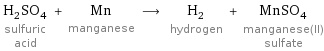 H_2SO_4 sulfuric acid + Mn manganese ⟶ H_2 hydrogen + MnSO_4 manganese(II) sulfate