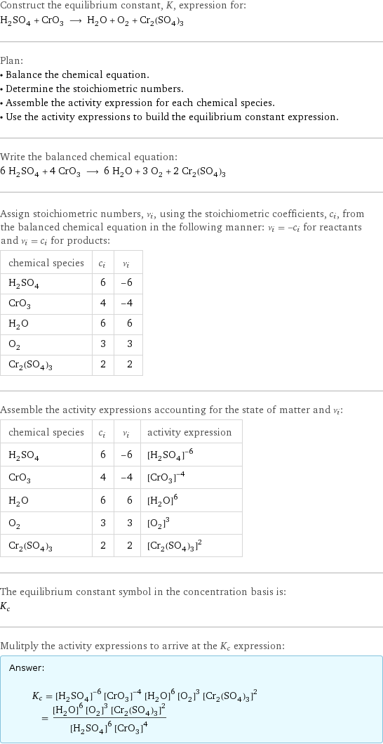 Construct the equilibrium constant, K, expression for: H_2SO_4 + CrO_3 ⟶ H_2O + O_2 + Cr_2(SO_4)_3 Plan: • Balance the chemical equation. • Determine the stoichiometric numbers. • Assemble the activity expression for each chemical species. • Use the activity expressions to build the equilibrium constant expression. Write the balanced chemical equation: 6 H_2SO_4 + 4 CrO_3 ⟶ 6 H_2O + 3 O_2 + 2 Cr_2(SO_4)_3 Assign stoichiometric numbers, ν_i, using the stoichiometric coefficients, c_i, from the balanced chemical equation in the following manner: ν_i = -c_i for reactants and ν_i = c_i for products: chemical species | c_i | ν_i H_2SO_4 | 6 | -6 CrO_3 | 4 | -4 H_2O | 6 | 6 O_2 | 3 | 3 Cr_2(SO_4)_3 | 2 | 2 Assemble the activity expressions accounting for the state of matter and ν_i: chemical species | c_i | ν_i | activity expression H_2SO_4 | 6 | -6 | ([H2SO4])^(-6) CrO_3 | 4 | -4 | ([CrO3])^(-4) H_2O | 6 | 6 | ([H2O])^6 O_2 | 3 | 3 | ([O2])^3 Cr_2(SO_4)_3 | 2 | 2 | ([Cr2(SO4)3])^2 The equilibrium constant symbol in the concentration basis is: K_c Mulitply the activity expressions to arrive at the K_c expression: Answer: |   | K_c = ([H2SO4])^(-6) ([CrO3])^(-4) ([H2O])^6 ([O2])^3 ([Cr2(SO4)3])^2 = (([H2O])^6 ([O2])^3 ([Cr2(SO4)3])^2)/(([H2SO4])^6 ([CrO3])^4)