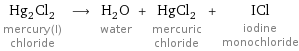 Hg_2Cl_2 mercury(I) chloride ⟶ H_2O water + HgCl_2 mercuric chloride + ICl iodine monochloride