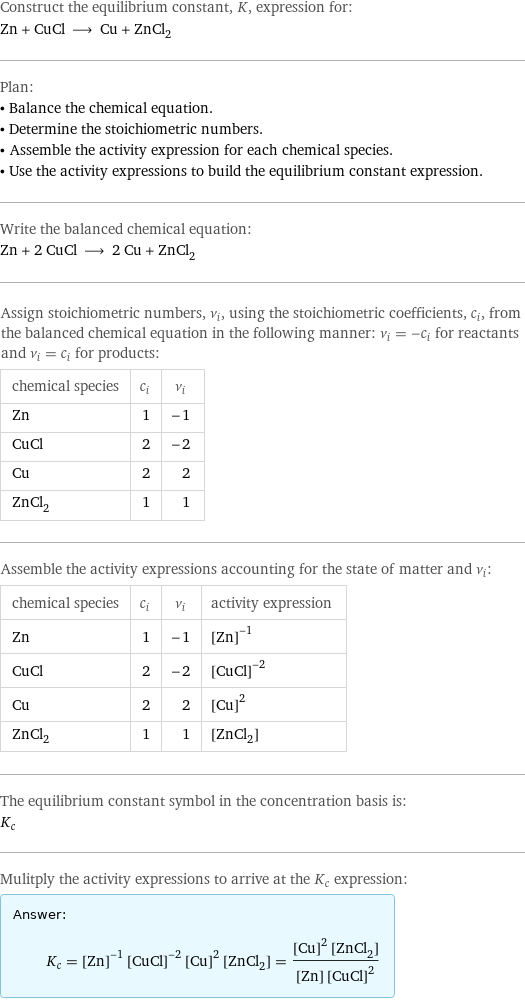 Construct the equilibrium constant, K, expression for: Zn + CuCl ⟶ Cu + ZnCl_2 Plan: • Balance the chemical equation. • Determine the stoichiometric numbers. • Assemble the activity expression for each chemical species. • Use the activity expressions to build the equilibrium constant expression. Write the balanced chemical equation: Zn + 2 CuCl ⟶ 2 Cu + ZnCl_2 Assign stoichiometric numbers, ν_i, using the stoichiometric coefficients, c_i, from the balanced chemical equation in the following manner: ν_i = -c_i for reactants and ν_i = c_i for products: chemical species | c_i | ν_i Zn | 1 | -1 CuCl | 2 | -2 Cu | 2 | 2 ZnCl_2 | 1 | 1 Assemble the activity expressions accounting for the state of matter and ν_i: chemical species | c_i | ν_i | activity expression Zn | 1 | -1 | ([Zn])^(-1) CuCl | 2 | -2 | ([CuCl])^(-2) Cu | 2 | 2 | ([Cu])^2 ZnCl_2 | 1 | 1 | [ZnCl2] The equilibrium constant symbol in the concentration basis is: K_c Mulitply the activity expressions to arrive at the K_c expression: Answer: |   | K_c = ([Zn])^(-1) ([CuCl])^(-2) ([Cu])^2 [ZnCl2] = (([Cu])^2 [ZnCl2])/([Zn] ([CuCl])^2)