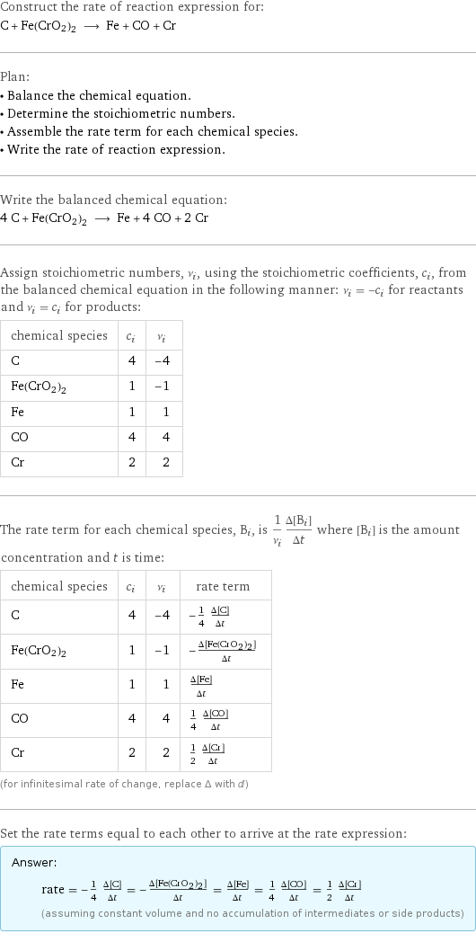 Construct the rate of reaction expression for: C + Fe(CrO2)2 ⟶ Fe + CO + Cr Plan: • Balance the chemical equation. • Determine the stoichiometric numbers. • Assemble the rate term for each chemical species. • Write the rate of reaction expression. Write the balanced chemical equation: 4 C + Fe(CrO2)2 ⟶ Fe + 4 CO + 2 Cr Assign stoichiometric numbers, ν_i, using the stoichiometric coefficients, c_i, from the balanced chemical equation in the following manner: ν_i = -c_i for reactants and ν_i = c_i for products: chemical species | c_i | ν_i C | 4 | -4 Fe(CrO2)2 | 1 | -1 Fe | 1 | 1 CO | 4 | 4 Cr | 2 | 2 The rate term for each chemical species, B_i, is 1/ν_i(Δ[B_i])/(Δt) where [B_i] is the amount concentration and t is time: chemical species | c_i | ν_i | rate term C | 4 | -4 | -1/4 (Δ[C])/(Δt) Fe(CrO2)2 | 1 | -1 | -(Δ[Fe(CrO2)2])/(Δt) Fe | 1 | 1 | (Δ[Fe])/(Δt) CO | 4 | 4 | 1/4 (Δ[CO])/(Δt) Cr | 2 | 2 | 1/2 (Δ[Cr])/(Δt) (for infinitesimal rate of change, replace Δ with d) Set the rate terms equal to each other to arrive at the rate expression: Answer: |   | rate = -1/4 (Δ[C])/(Δt) = -(Δ[Fe(CrO2)2])/(Δt) = (Δ[Fe])/(Δt) = 1/4 (Δ[CO])/(Δt) = 1/2 (Δ[Cr])/(Δt) (assuming constant volume and no accumulation of intermediates or side products)
