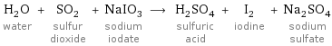 H_2O water + SO_2 sulfur dioxide + NaIO_3 sodium iodate ⟶ H_2SO_4 sulfuric acid + I_2 iodine + Na_2SO_4 sodium sulfate