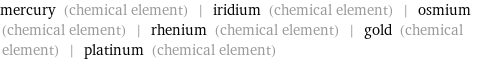 mercury (chemical element) | iridium (chemical element) | osmium (chemical element) | rhenium (chemical element) | gold (chemical element) | platinum (chemical element)
