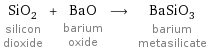 SiO_2 silicon dioxide + BaO barium oxide ⟶ BaSiO_3 barium metasilicate