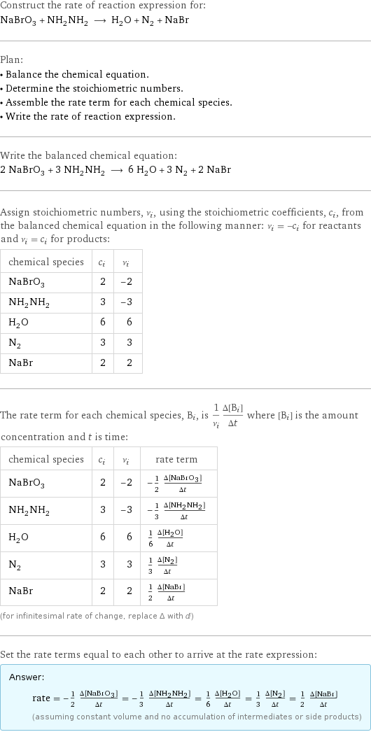 Construct the rate of reaction expression for: NaBrO_3 + NH_2NH_2 ⟶ H_2O + N_2 + NaBr Plan: • Balance the chemical equation. • Determine the stoichiometric numbers. • Assemble the rate term for each chemical species. • Write the rate of reaction expression. Write the balanced chemical equation: 2 NaBrO_3 + 3 NH_2NH_2 ⟶ 6 H_2O + 3 N_2 + 2 NaBr Assign stoichiometric numbers, ν_i, using the stoichiometric coefficients, c_i, from the balanced chemical equation in the following manner: ν_i = -c_i for reactants and ν_i = c_i for products: chemical species | c_i | ν_i NaBrO_3 | 2 | -2 NH_2NH_2 | 3 | -3 H_2O | 6 | 6 N_2 | 3 | 3 NaBr | 2 | 2 The rate term for each chemical species, B_i, is 1/ν_i(Δ[B_i])/(Δt) where [B_i] is the amount concentration and t is time: chemical species | c_i | ν_i | rate term NaBrO_3 | 2 | -2 | -1/2 (Δ[NaBrO3])/(Δt) NH_2NH_2 | 3 | -3 | -1/3 (Δ[NH2NH2])/(Δt) H_2O | 6 | 6 | 1/6 (Δ[H2O])/(Δt) N_2 | 3 | 3 | 1/3 (Δ[N2])/(Δt) NaBr | 2 | 2 | 1/2 (Δ[NaBr])/(Δt) (for infinitesimal rate of change, replace Δ with d) Set the rate terms equal to each other to arrive at the rate expression: Answer: |   | rate = -1/2 (Δ[NaBrO3])/(Δt) = -1/3 (Δ[NH2NH2])/(Δt) = 1/6 (Δ[H2O])/(Δt) = 1/3 (Δ[N2])/(Δt) = 1/2 (Δ[NaBr])/(Δt) (assuming constant volume and no accumulation of intermediates or side products)