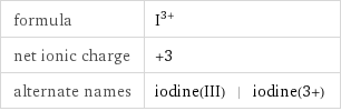 formula | I^(3+) net ionic charge | +3 alternate names | iodine(III) | iodine(3+)