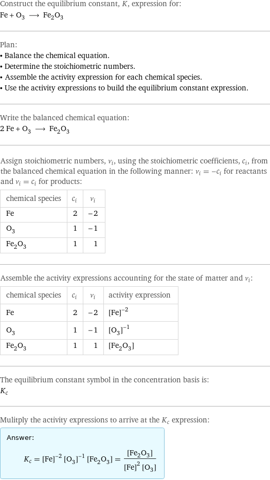 Construct the equilibrium constant, K, expression for: Fe + O_3 ⟶ Fe_2O_3 Plan: • Balance the chemical equation. • Determine the stoichiometric numbers. • Assemble the activity expression for each chemical species. • Use the activity expressions to build the equilibrium constant expression. Write the balanced chemical equation: 2 Fe + O_3 ⟶ Fe_2O_3 Assign stoichiometric numbers, ν_i, using the stoichiometric coefficients, c_i, from the balanced chemical equation in the following manner: ν_i = -c_i for reactants and ν_i = c_i for products: chemical species | c_i | ν_i Fe | 2 | -2 O_3 | 1 | -1 Fe_2O_3 | 1 | 1 Assemble the activity expressions accounting for the state of matter and ν_i: chemical species | c_i | ν_i | activity expression Fe | 2 | -2 | ([Fe])^(-2) O_3 | 1 | -1 | ([O3])^(-1) Fe_2O_3 | 1 | 1 | [Fe2O3] The equilibrium constant symbol in the concentration basis is: K_c Mulitply the activity expressions to arrive at the K_c expression: Answer: |   | K_c = ([Fe])^(-2) ([O3])^(-1) [Fe2O3] = ([Fe2O3])/(([Fe])^2 [O3])