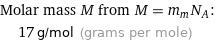 Molar mass M from M = m_mN_A:  | 17 g/mol (grams per mole)