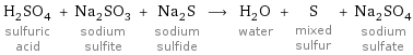 H_2SO_4 sulfuric acid + Na_2SO_3 sodium sulfite + Na_2S sodium sulfide ⟶ H_2O water + S mixed sulfur + Na_2SO_4 sodium sulfate