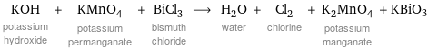 KOH potassium hydroxide + KMnO_4 potassium permanganate + BiCl_3 bismuth chloride ⟶ H_2O water + Cl_2 chlorine + K_2MnO_4 potassium manganate + KBiO3