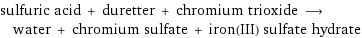 sulfuric acid + duretter + chromium trioxide ⟶ water + chromium sulfate + iron(III) sulfate hydrate