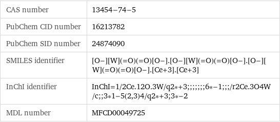 CAS number | 13454-74-5 PubChem CID number | 16213782 PubChem SID number | 24874090 SMILES identifier | [O-][W](=O)(=O)[O-].[O-][W](=O)(=O)[O-].[O-][W](=O)(=O)[O-].[Ce+3].[Ce+3] InChI identifier | InChI=1/2Ce.12O.3W/q2*+3;;;;;;;6*-1;;;/r2Ce.3O4W/c;;3*1-5(2, 3)4/q2*+3;3*-2 MDL number | MFCD00049725