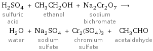 H_2SO_4 sulfuric acid + CH_3CH_2OH ethanol + Na_2Cr_2O_7 sodium bichromate ⟶ H_2O water + Na_2SO_4 sodium sulfate + Cr_2(SO_4)_3 chromium sulfate + CH_3CHO acetaldehyde