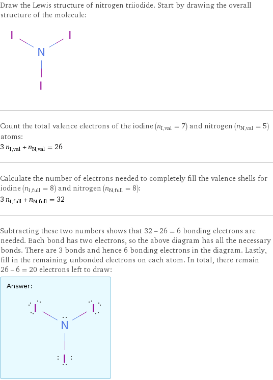 Draw the Lewis structure of nitrogen triiodide. Start by drawing the overall structure of the molecule:  Count the total valence electrons of the iodine (n_I, val = 7) and nitrogen (n_N, val = 5) atoms: 3 n_I, val + n_N, val = 26 Calculate the number of electrons needed to completely fill the valence shells for iodine (n_I, full = 8) and nitrogen (n_N, full = 8): 3 n_I, full + n_N, full = 32 Subtracting these two numbers shows that 32 - 26 = 6 bonding electrons are needed. Each bond has two electrons, so the above diagram has all the necessary bonds. There are 3 bonds and hence 6 bonding electrons in the diagram. Lastly, fill in the remaining unbonded electrons on each atom. In total, there remain 26 - 6 = 20 electrons left to draw: Answer: |   | 