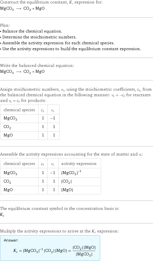 Construct the equilibrium constant, K, expression for: MgCO_3 ⟶ CO_2 + MgO Plan: • Balance the chemical equation. • Determine the stoichiometric numbers. • Assemble the activity expression for each chemical species. • Use the activity expressions to build the equilibrium constant expression. Write the balanced chemical equation: MgCO_3 ⟶ CO_2 + MgO Assign stoichiometric numbers, ν_i, using the stoichiometric coefficients, c_i, from the balanced chemical equation in the following manner: ν_i = -c_i for reactants and ν_i = c_i for products: chemical species | c_i | ν_i MgCO_3 | 1 | -1 CO_2 | 1 | 1 MgO | 1 | 1 Assemble the activity expressions accounting for the state of matter and ν_i: chemical species | c_i | ν_i | activity expression MgCO_3 | 1 | -1 | ([MgCO3])^(-1) CO_2 | 1 | 1 | [CO2] MgO | 1 | 1 | [MgO] The equilibrium constant symbol in the concentration basis is: K_c Mulitply the activity expressions to arrive at the K_c expression: Answer: |   | K_c = ([MgCO3])^(-1) [CO2] [MgO] = ([CO2] [MgO])/([MgCO3])