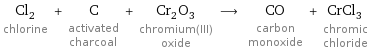Cl_2 chlorine + C activated charcoal + Cr_2O_3 chromium(III) oxide ⟶ CO carbon monoxide + CrCl_3 chromic chloride