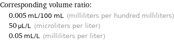 Corresponding volume ratio:  | 0.005 mL/100 mL (milliliters per hundred milliliters)  | 50 µL/L (microliters per liter)  | 0.05 mL/L (milliliters per liter)