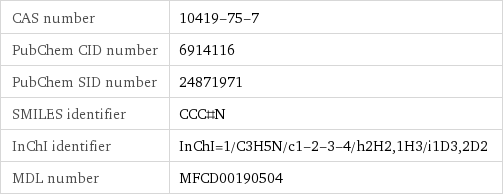 CAS number | 10419-75-7 PubChem CID number | 6914116 PubChem SID number | 24871971 SMILES identifier | CCC#N InChI identifier | InChI=1/C3H5N/c1-2-3-4/h2H2, 1H3/i1D3, 2D2 MDL number | MFCD00190504