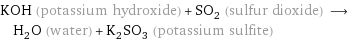 KOH (potassium hydroxide) + SO_2 (sulfur dioxide) ⟶ H_2O (water) + K_2SO_3 (potassium sulfite)