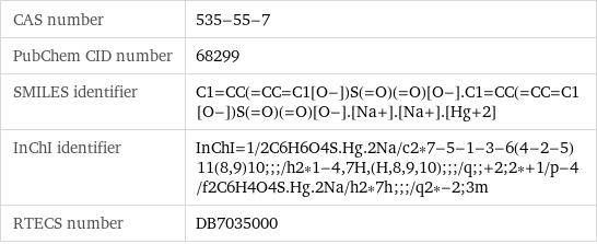 CAS number | 535-55-7 PubChem CID number | 68299 SMILES identifier | C1=CC(=CC=C1[O-])S(=O)(=O)[O-].C1=CC(=CC=C1[O-])S(=O)(=O)[O-].[Na+].[Na+].[Hg+2] InChI identifier | InChI=1/2C6H6O4S.Hg.2Na/c2*7-5-1-3-6(4-2-5)11(8, 9)10;;;/h2*1-4, 7H, (H, 8, 9, 10);;;/q;;+2;2*+1/p-4/f2C6H4O4S.Hg.2Na/h2*7h;;;/q2*-2;3m RTECS number | DB7035000