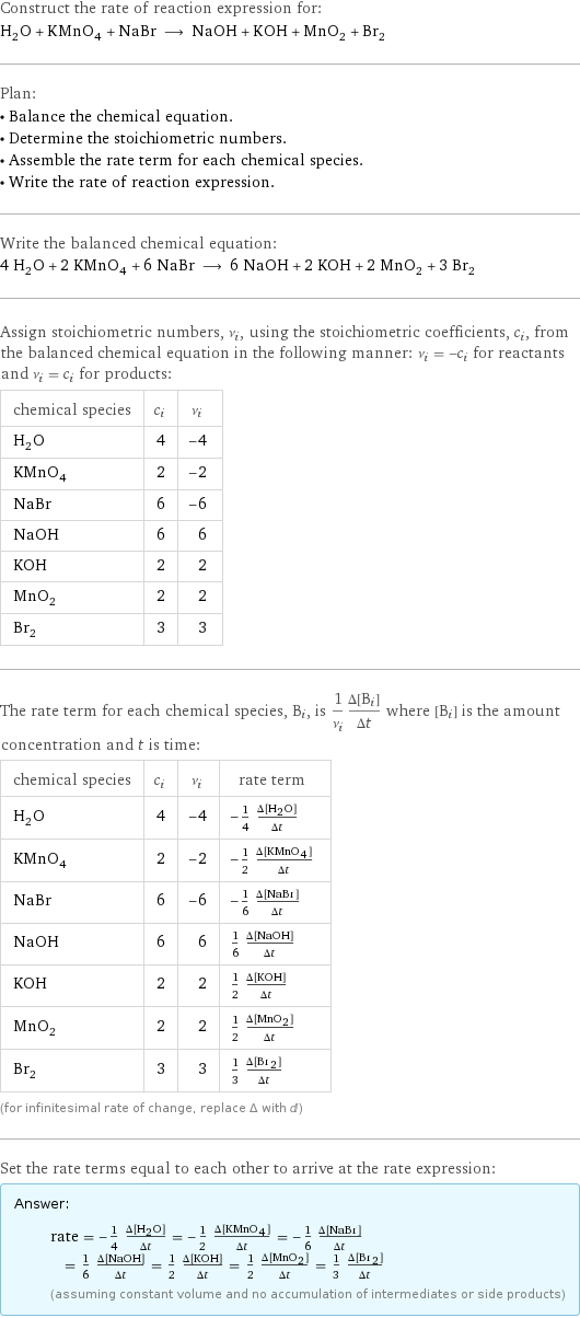 Construct the rate of reaction expression for: H_2O + KMnO_4 + NaBr ⟶ NaOH + KOH + MnO_2 + Br_2 Plan: • Balance the chemical equation. • Determine the stoichiometric numbers. • Assemble the rate term for each chemical species. • Write the rate of reaction expression. Write the balanced chemical equation: 4 H_2O + 2 KMnO_4 + 6 NaBr ⟶ 6 NaOH + 2 KOH + 2 MnO_2 + 3 Br_2 Assign stoichiometric numbers, ν_i, using the stoichiometric coefficients, c_i, from the balanced chemical equation in the following manner: ν_i = -c_i for reactants and ν_i = c_i for products: chemical species | c_i | ν_i H_2O | 4 | -4 KMnO_4 | 2 | -2 NaBr | 6 | -6 NaOH | 6 | 6 KOH | 2 | 2 MnO_2 | 2 | 2 Br_2 | 3 | 3 The rate term for each chemical species, B_i, is 1/ν_i(Δ[B_i])/(Δt) where [B_i] is the amount concentration and t is time: chemical species | c_i | ν_i | rate term H_2O | 4 | -4 | -1/4 (Δ[H2O])/(Δt) KMnO_4 | 2 | -2 | -1/2 (Δ[KMnO4])/(Δt) NaBr | 6 | -6 | -1/6 (Δ[NaBr])/(Δt) NaOH | 6 | 6 | 1/6 (Δ[NaOH])/(Δt) KOH | 2 | 2 | 1/2 (Δ[KOH])/(Δt) MnO_2 | 2 | 2 | 1/2 (Δ[MnO2])/(Δt) Br_2 | 3 | 3 | 1/3 (Δ[Br2])/(Δt) (for infinitesimal rate of change, replace Δ with d) Set the rate terms equal to each other to arrive at the rate expression: Answer: |   | rate = -1/4 (Δ[H2O])/(Δt) = -1/2 (Δ[KMnO4])/(Δt) = -1/6 (Δ[NaBr])/(Δt) = 1/6 (Δ[NaOH])/(Δt) = 1/2 (Δ[KOH])/(Δt) = 1/2 (Δ[MnO2])/(Δt) = 1/3 (Δ[Br2])/(Δt) (assuming constant volume and no accumulation of intermediates or side products)