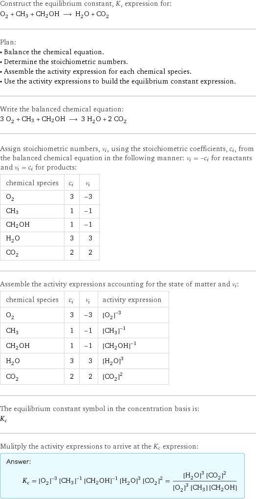 Construct the equilibrium constant, K, expression for: O_2 + CH3 + CH2OH ⟶ H_2O + CO_2 Plan: • Balance the chemical equation. • Determine the stoichiometric numbers. • Assemble the activity expression for each chemical species. • Use the activity expressions to build the equilibrium constant expression. Write the balanced chemical equation: 3 O_2 + CH3 + CH2OH ⟶ 3 H_2O + 2 CO_2 Assign stoichiometric numbers, ν_i, using the stoichiometric coefficients, c_i, from the balanced chemical equation in the following manner: ν_i = -c_i for reactants and ν_i = c_i for products: chemical species | c_i | ν_i O_2 | 3 | -3 CH3 | 1 | -1 CH2OH | 1 | -1 H_2O | 3 | 3 CO_2 | 2 | 2 Assemble the activity expressions accounting for the state of matter and ν_i: chemical species | c_i | ν_i | activity expression O_2 | 3 | -3 | ([O2])^(-3) CH3 | 1 | -1 | ([CH3])^(-1) CH2OH | 1 | -1 | ([CH2OH])^(-1) H_2O | 3 | 3 | ([H2O])^3 CO_2 | 2 | 2 | ([CO2])^2 The equilibrium constant symbol in the concentration basis is: K_c Mulitply the activity expressions to arrive at the K_c expression: Answer: |   | K_c = ([O2])^(-3) ([CH3])^(-1) ([CH2OH])^(-1) ([H2O])^3 ([CO2])^2 = (([H2O])^3 ([CO2])^2)/(([O2])^3 [CH3] [CH2OH])