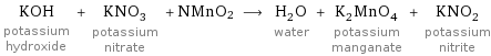 KOH potassium hydroxide + KNO_3 potassium nitrate + NMnO2 ⟶ H_2O water + K_2MnO_4 potassium manganate + KNO_2 potassium nitrite