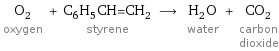 O_2 oxygen + C_6H_5CH=CH_2 styrene ⟶ H_2O water + CO_2 carbon dioxide