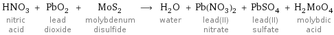 HNO_3 nitric acid + PbO_2 lead dioxide + MoS_2 molybdenum disulfide ⟶ H_2O water + Pb(NO_3)_2 lead(II) nitrate + PbSO_4 lead(II) sulfate + H_2MoO_4 molybdic acid