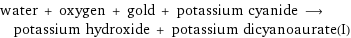 water + oxygen + gold + potassium cyanide ⟶ potassium hydroxide + potassium dicyanoaurate(I)