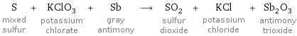 S mixed sulfur + KClO_3 potassium chlorate + Sb gray antimony ⟶ SO_2 sulfur dioxide + KCl potassium chloride + Sb_2O_3 antimony trioxide