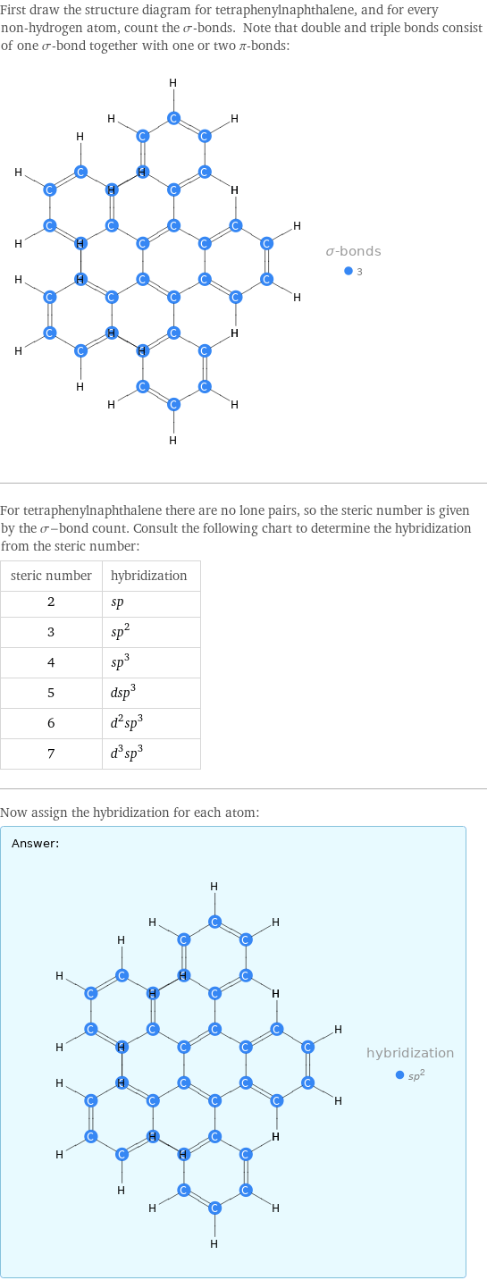 First draw the structure diagram for tetraphenylnaphthalene, and for every non-hydrogen atom, count the σ-bonds. Note that double and triple bonds consist of one σ-bond together with one or two π-bonds:  For tetraphenylnaphthalene there are no lone pairs, so the steric number is given by the σ-bond count. Consult the following chart to determine the hybridization from the steric number: steric number | hybridization 2 | sp 3 | sp^2 4 | sp^3 5 | dsp^3 6 | d^2sp^3 7 | d^3sp^3 Now assign the hybridization for each atom: Answer: |   | 