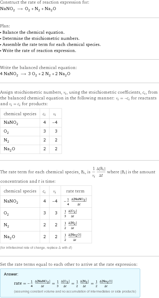 Construct the rate of reaction expression for: NaNO_2 ⟶ O_2 + N_2 + Na_2O Plan: • Balance the chemical equation. • Determine the stoichiometric numbers. • Assemble the rate term for each chemical species. • Write the rate of reaction expression. Write the balanced chemical equation: 4 NaNO_2 ⟶ 3 O_2 + 2 N_2 + 2 Na_2O Assign stoichiometric numbers, ν_i, using the stoichiometric coefficients, c_i, from the balanced chemical equation in the following manner: ν_i = -c_i for reactants and ν_i = c_i for products: chemical species | c_i | ν_i NaNO_2 | 4 | -4 O_2 | 3 | 3 N_2 | 2 | 2 Na_2O | 2 | 2 The rate term for each chemical species, B_i, is 1/ν_i(Δ[B_i])/(Δt) where [B_i] is the amount concentration and t is time: chemical species | c_i | ν_i | rate term NaNO_2 | 4 | -4 | -1/4 (Δ[NaNO2])/(Δt) O_2 | 3 | 3 | 1/3 (Δ[O2])/(Δt) N_2 | 2 | 2 | 1/2 (Δ[N2])/(Δt) Na_2O | 2 | 2 | 1/2 (Δ[Na2O])/(Δt) (for infinitesimal rate of change, replace Δ with d) Set the rate terms equal to each other to arrive at the rate expression: Answer: |   | rate = -1/4 (Δ[NaNO2])/(Δt) = 1/3 (Δ[O2])/(Δt) = 1/2 (Δ[N2])/(Δt) = 1/2 (Δ[Na2O])/(Δt) (assuming constant volume and no accumulation of intermediates or side products)