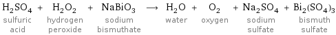 H_2SO_4 sulfuric acid + H_2O_2 hydrogen peroxide + NaBiO_3 sodium bismuthate ⟶ H_2O water + O_2 oxygen + Na_2SO_4 sodium sulfate + Bi_2(SO_4)_3 bismuth sulfate