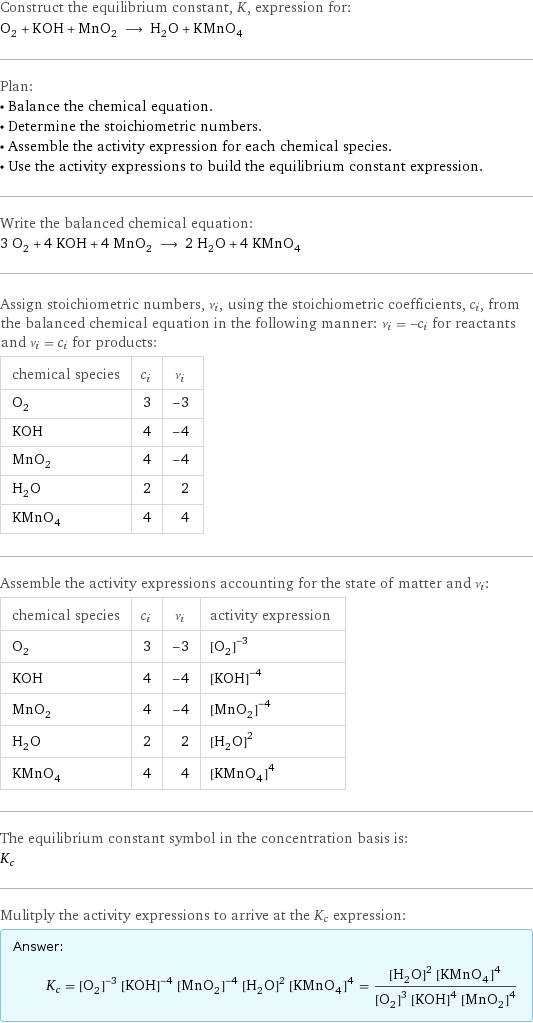 Construct the equilibrium constant, K, expression for: O_2 + KOH + MnO_2 ⟶ H_2O + KMnO_4 Plan: • Balance the chemical equation. • Determine the stoichiometric numbers. • Assemble the activity expression for each chemical species. • Use the activity expressions to build the equilibrium constant expression. Write the balanced chemical equation: 3 O_2 + 4 KOH + 4 MnO_2 ⟶ 2 H_2O + 4 KMnO_4 Assign stoichiometric numbers, ν_i, using the stoichiometric coefficients, c_i, from the balanced chemical equation in the following manner: ν_i = -c_i for reactants and ν_i = c_i for products: chemical species | c_i | ν_i O_2 | 3 | -3 KOH | 4 | -4 MnO_2 | 4 | -4 H_2O | 2 | 2 KMnO_4 | 4 | 4 Assemble the activity expressions accounting for the state of matter and ν_i: chemical species | c_i | ν_i | activity expression O_2 | 3 | -3 | ([O2])^(-3) KOH | 4 | -4 | ([KOH])^(-4) MnO_2 | 4 | -4 | ([MnO2])^(-4) H_2O | 2 | 2 | ([H2O])^2 KMnO_4 | 4 | 4 | ([KMnO4])^4 The equilibrium constant symbol in the concentration basis is: K_c Mulitply the activity expressions to arrive at the K_c expression: Answer: |   | K_c = ([O2])^(-3) ([KOH])^(-4) ([MnO2])^(-4) ([H2O])^2 ([KMnO4])^4 = (([H2O])^2 ([KMnO4])^4)/(([O2])^3 ([KOH])^4 ([MnO2])^4)